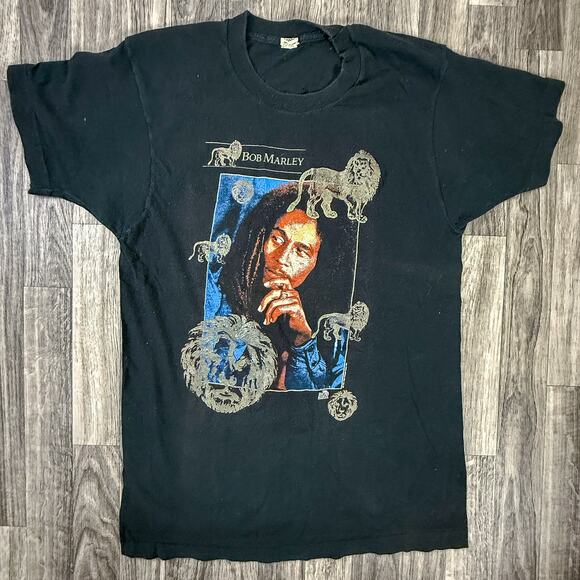 VTG 90s Bob Marley Lions Graphic T-Shirt Tuff Gong Back Black Screen Stars USA L - Picture 1 of 13